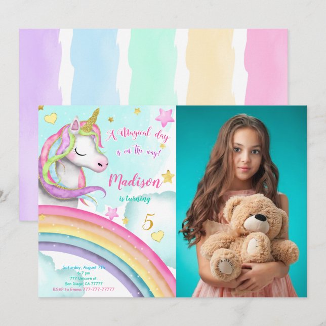 Invitación a la fiesta de cumpleaños de Unicornio (Anverso / Reverso)