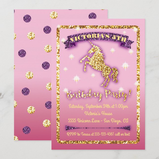 Invitación a la fiesta de cumpleaños de Unicornio, (Anverso / Reverso)