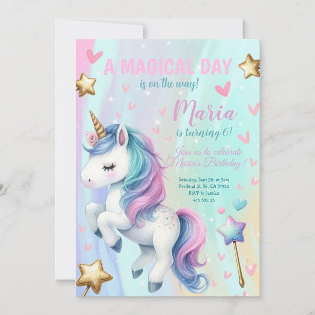 Invitación a la fiesta de cumpleaños de Unicornio, (Anverso)