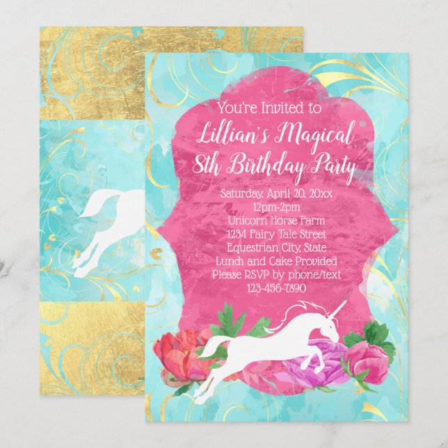 Invitación a la fiesta de cumpleaños de Unicornio  (Anverso / Reverso)