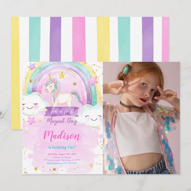 Invitación a la fiesta de cumpleaños de Unicornio (Anverso / Reverso)