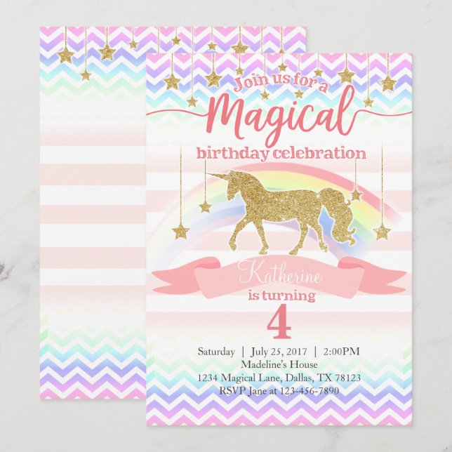 Invitación a la fiesta de cumpleaños de Unicornio  (Anverso / Reverso)