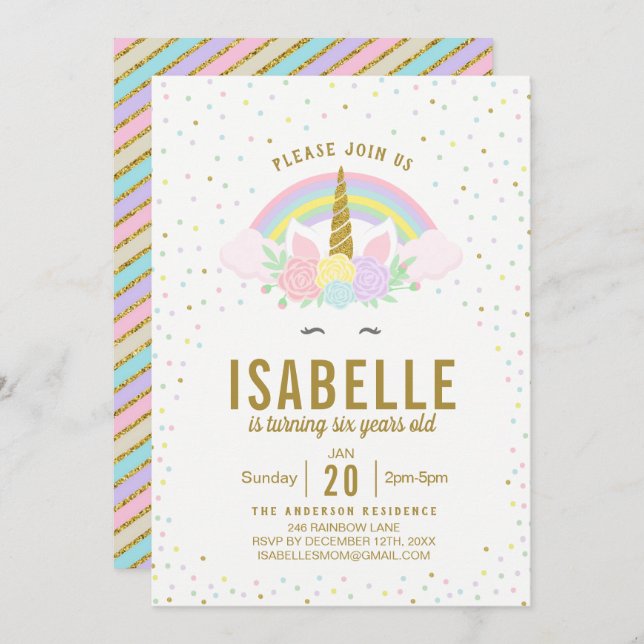 Invitación a la fiesta de cumpleaños de Unicornio  (Anverso / Reverso)
