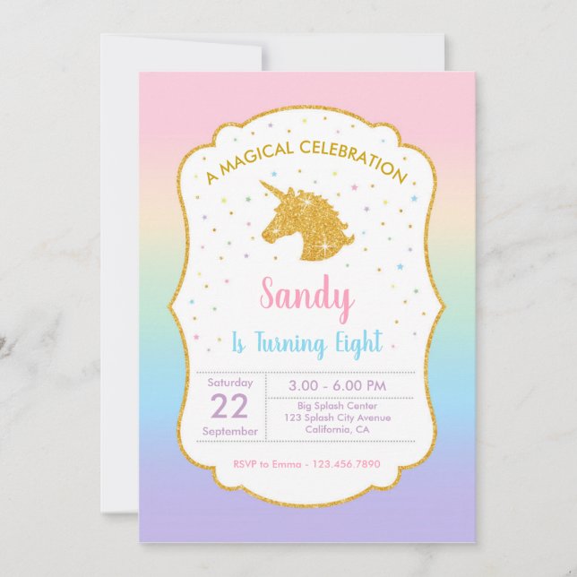Invitación a la fiesta de cumpleaños de Unicornio (Anverso)