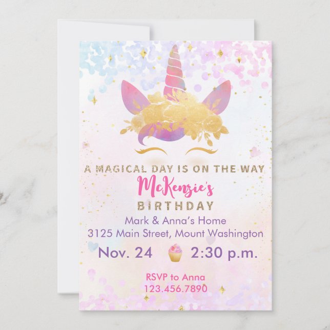 Invitación a la fiesta de cumpleaños de Unicornio  (Anverso)