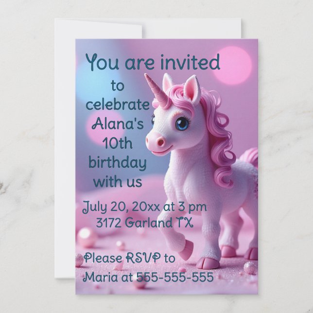 Invitación a la fiesta de cumpleaños de Unicornio  (Anverso)