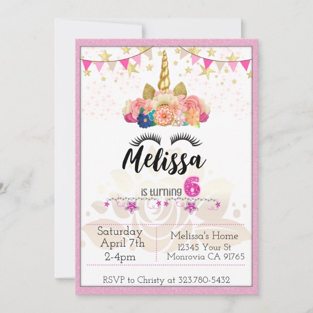 Invitación a la fiesta de cumpleaños de Unicornio  (Anverso)