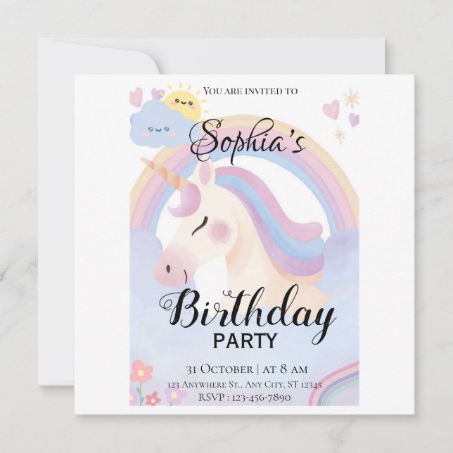 Invitación a la fiesta de cumpleaños de Unicornio  (Anverso)
