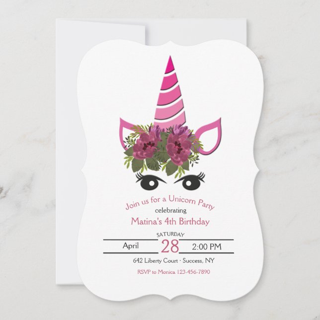 Invitación a la fiesta de cumpleaños de Unicornio (Anverso)