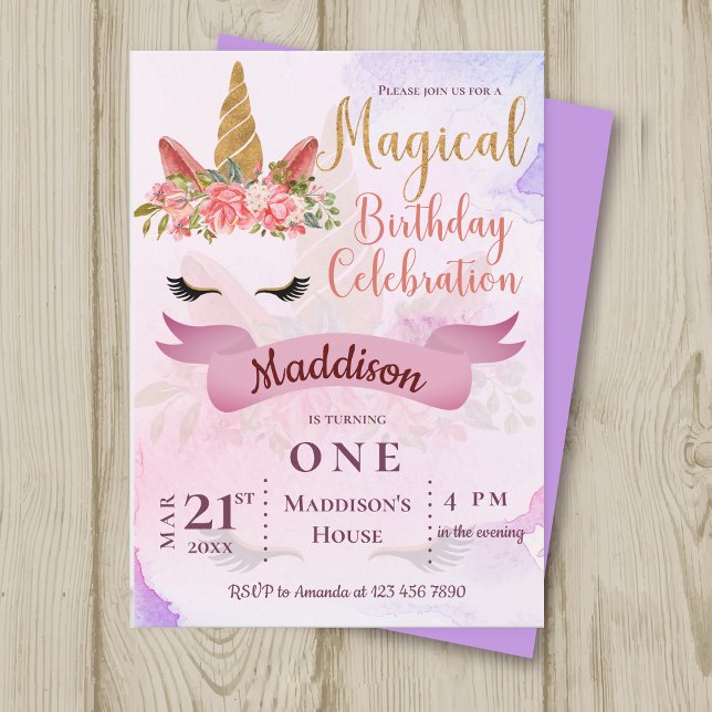 Invitación a la fiesta de cumpleaños de Unicornio  (Magical Pastel Unicorn Birthday Party Invitation)