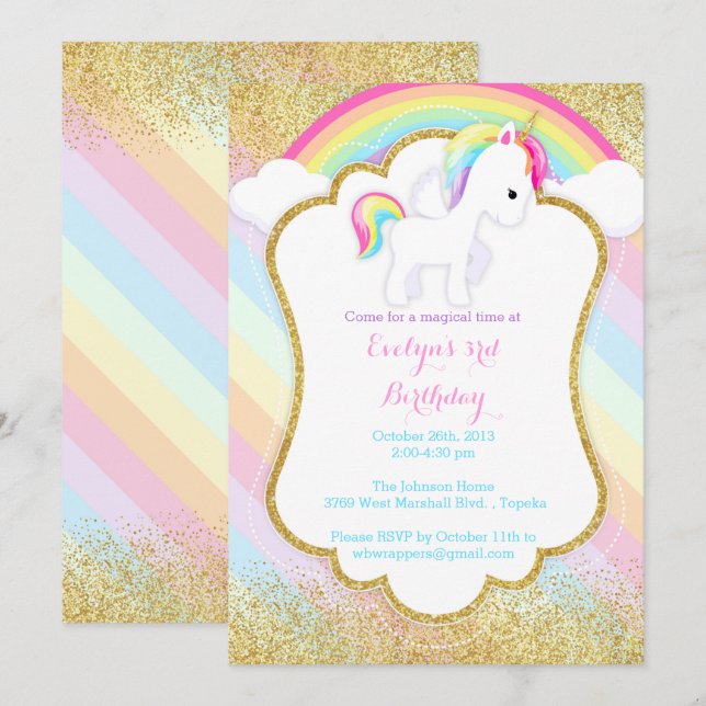 Invitación a la fiesta de cumpleaños de Unicornio  (Anverso / Reverso)