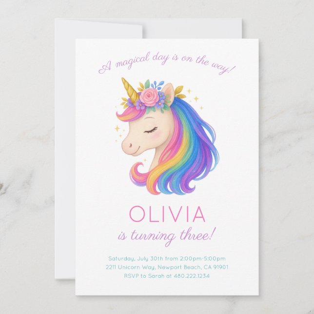 Invitación a la fiesta de cumpleaños de Unicornio  (Anverso)