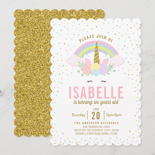 Invitación a la fiesta de cumpleaños de Unicornio  (Anverso / Reverso)