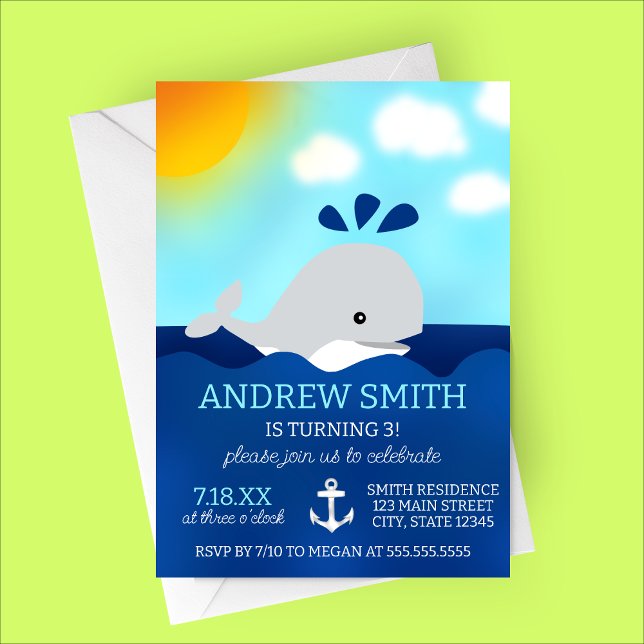 Invitación a la fiesta de cumpleaños de verano de  (Cute Whale Modern Birthday Party Invitation | Summer Birthday Party)