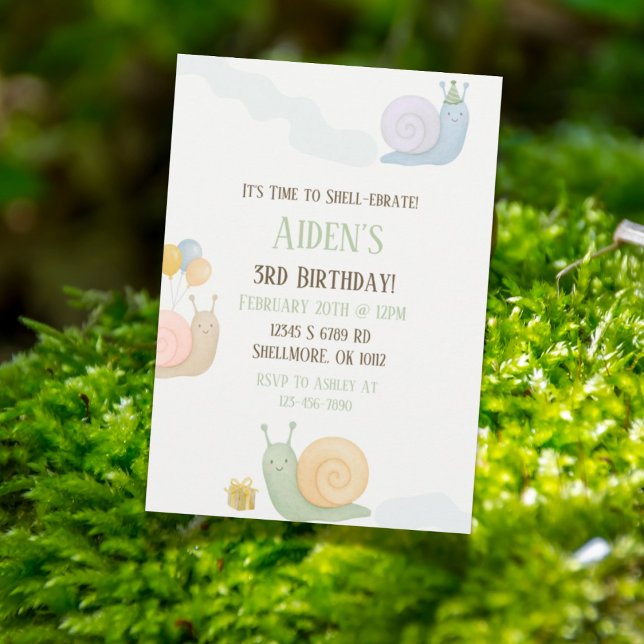 Invitación a la fiesta de cumpleaños de Watercolor (Snail-themed watercolor birthday invitation design with cute shell-ebration elements)