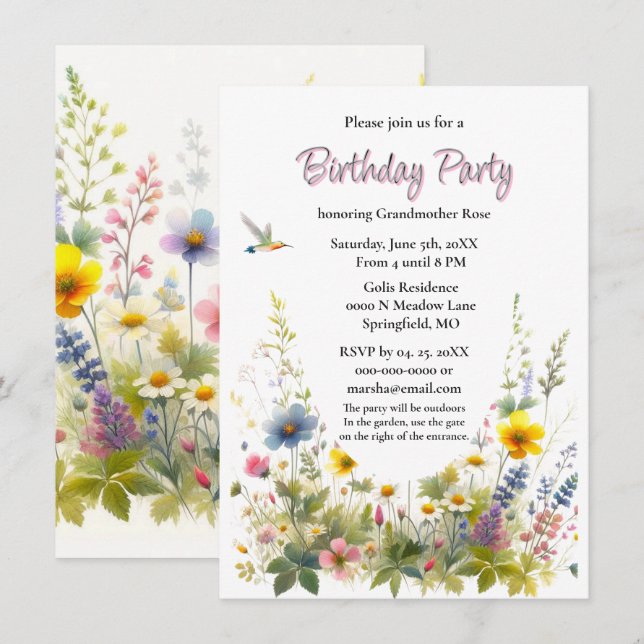 Invitación a la fiesta de cumpleaños de Wildflower (Anverso / Reverso)