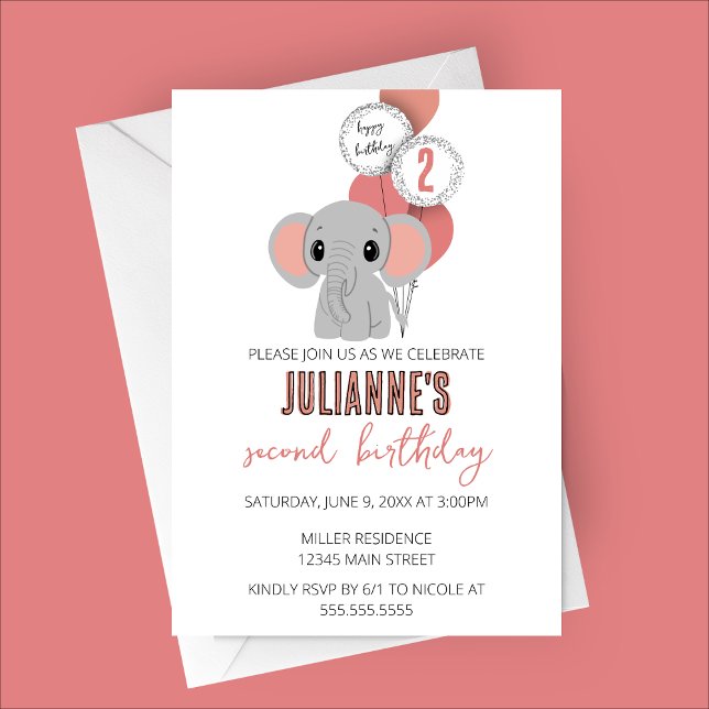Invitación a la fiesta de cumpleaños de Zebra mini (Minimalist Pink Elephant Birthday Party Invitation)