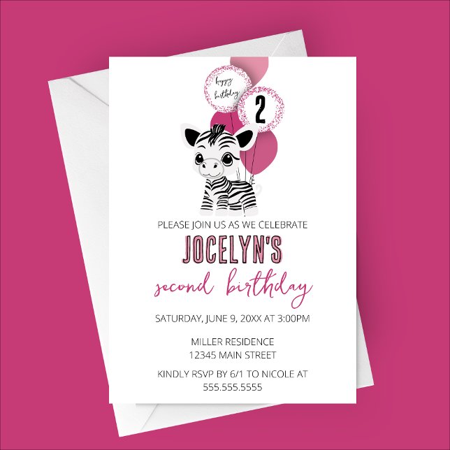 Invitación a la fiesta de cumpleaños de Zebra mini (Minimalist Zebra Birthday Party Invitation with Pink Balloons)