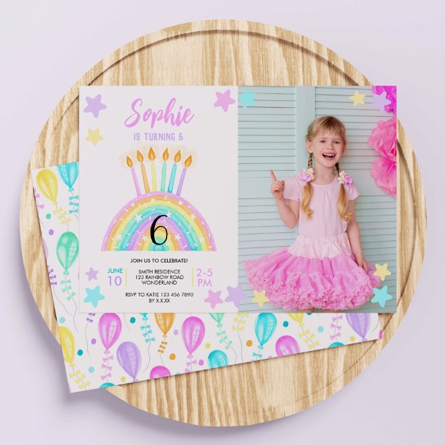 Invitación a la fiesta de cumpleaños del arcoiris  (Girls' Rainbow Cake Birthday Invitation)