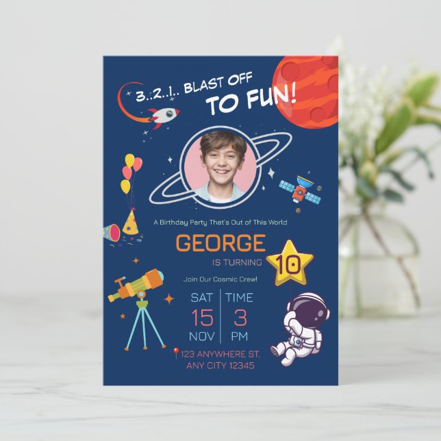 Invitación a la fiesta de cumpleaños del astronaut (Anverso de pie)