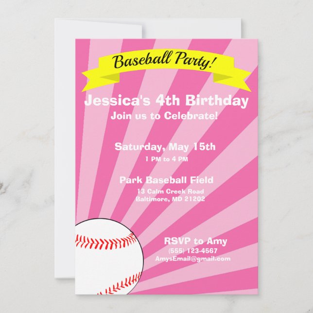 Invitación a la fiesta de cumpleaños del béisbol (Anverso)