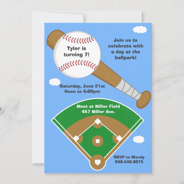 Invitación a la fiesta de cumpleaños del béisbol (Anverso)