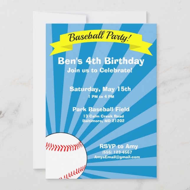 Invitación a la fiesta de cumpleaños del béisbol (Anverso)