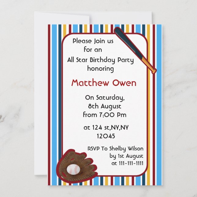 Invitación a la fiesta de cumpleaños del béisbol (Anverso)