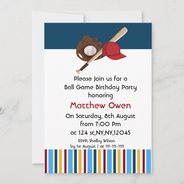 Invitación a la fiesta de cumpleaños del béisbol (Anverso)