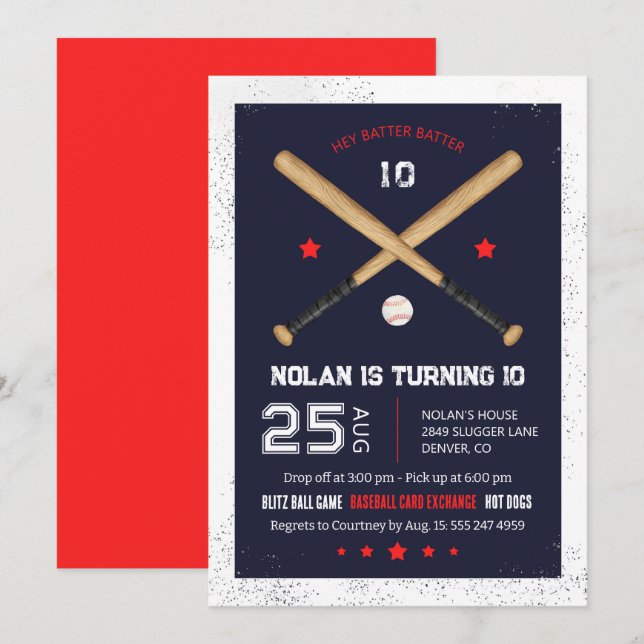 Invitación a la fiesta de cumpleaños del béisbol (Anverso / Reverso)