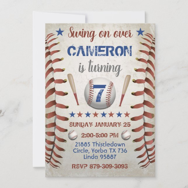 Invitación a la fiesta de cumpleaños del béisbol (Anverso)