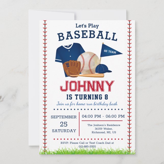 Invitación a la fiesta de cumpleaños del béisbol (Anverso)
