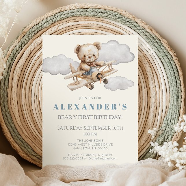 Invitación a la fiesta de cumpleaños del Boho Tedd (Vintage Airplane and Teddy Bear Bear-y First Birthday Invitation)