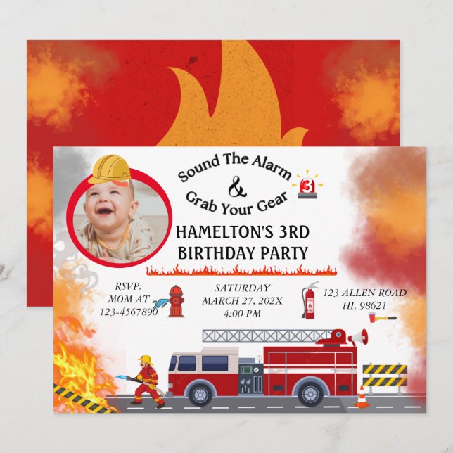 Invitación a la fiesta de cumpleaños del bombero d (Anverso / Reverso)