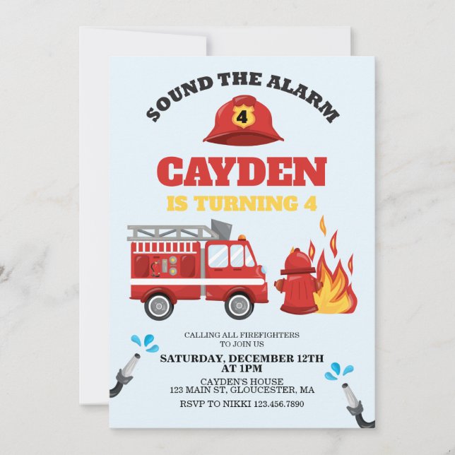 Invitación a la fiesta de cumpleaños del bombero d (Anverso)