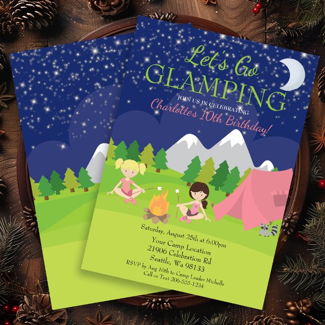 Invitación a la fiesta de cumpleaños del Chica lin (Cute Girl Glamping Birthday Party Invitation)