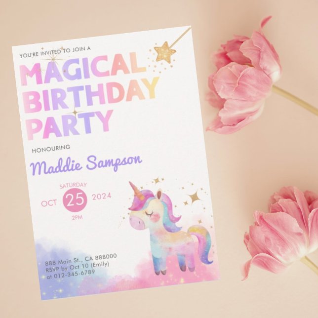 Invitación a la fiesta de cumpleaños del Chica Pas (Pastel Unicorn Magical Birthday Party Invitation)