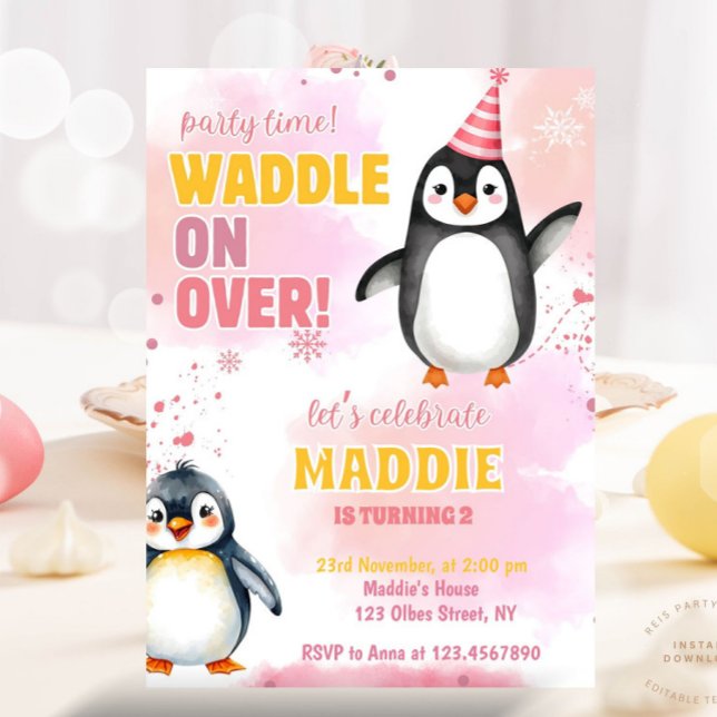 Invitación a la fiesta de cumpleaños del chica Pin (december birthday, winter birthday, kids birthday party, winter themed, girl birthday, penguin, cute)