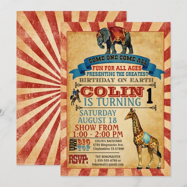 Invitación a la fiesta de cumpleaños del circo vin (Anverso / Reverso)