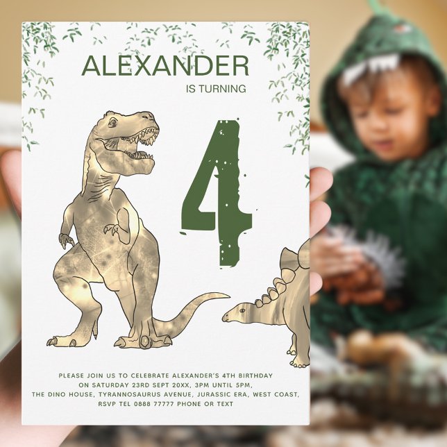 Invitación a la Fiesta de Cumpleaños del Dinosauri (Dinosaur boy’s birthday party invitation T-Rex & Stegosaurus dino jungle & modern green typography)