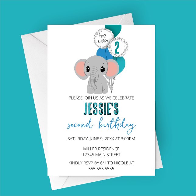 Invitación a la fiesta de cumpleaños del elefante  (Minimalist Blue Elephant Birthday Party Invitation)
