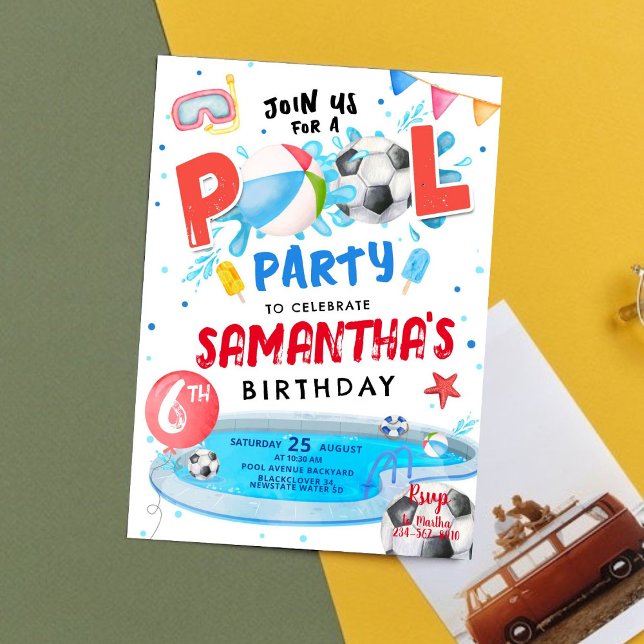 Invitación a la fiesta de cumpleaños del Fiesta de (Editable Pool Party Birthday Party Invitation)