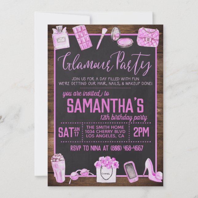 Invitación a la fiesta de cumpleaños del glamour (Anverso)