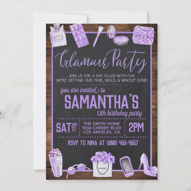 Invitación a la fiesta de cumpleaños del glamour (Anverso)