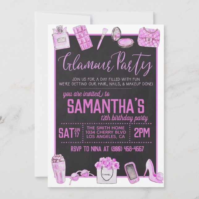 Invitación a la fiesta de cumpleaños del glamour (Anverso)