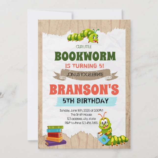 Invitación a la fiesta de cumpleaños del gusano de (Anverso)