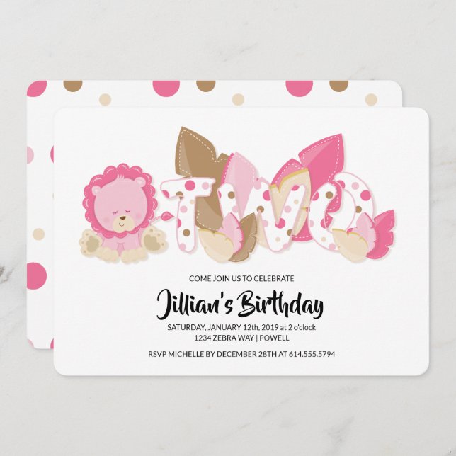 Invitación a la fiesta de cumpleaños del león rosa (Anverso / Reverso)