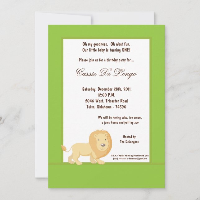 Invitación a la fiesta de cumpleaños del león verd (Anverso)