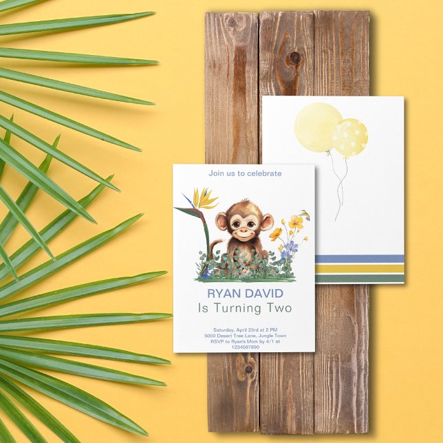 Invitación a la fiesta de cumpleaños del mono (Safari Jungle Monkey Tropical Flowers Watercolor Balloons Green Yellow Blue Birthday Invitation)