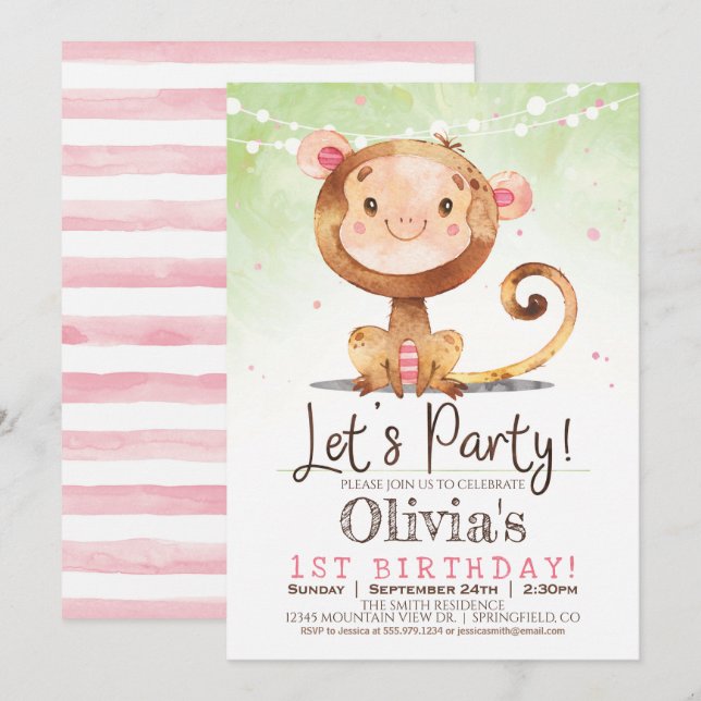 Invitación a la fiesta de cumpleaños del mono chic (Anverso / Reverso)